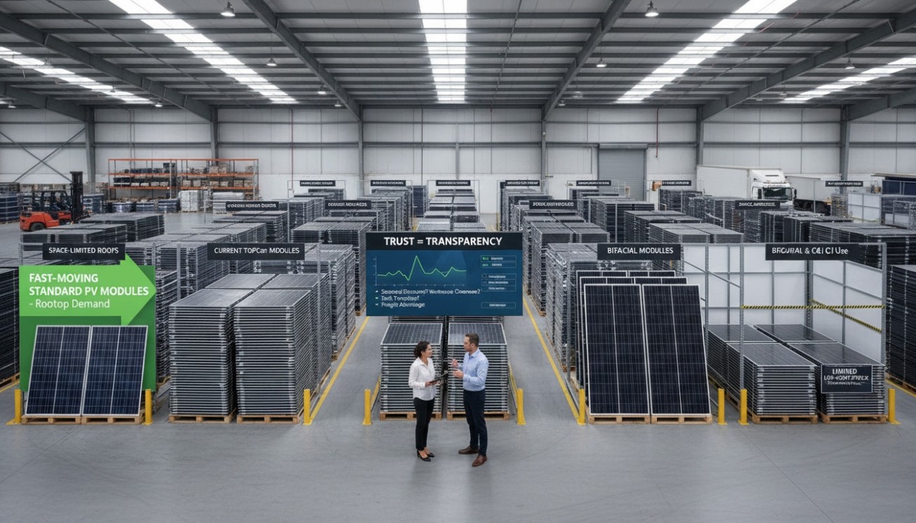 Solar module distributor inventory strategy for fast-moving standard PV modules current TOPCon modules bifacial modules and transparent pricing communication